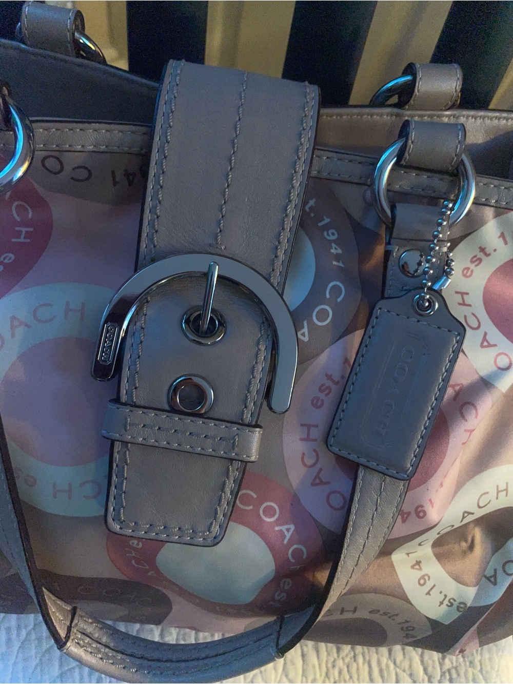 Coach Gray and Pink Logo Print Leather Tote